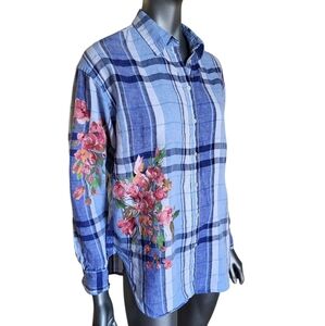 164. Ralph Lauren Painted Floral Plaid Button-Up Shirt  - Size Medium